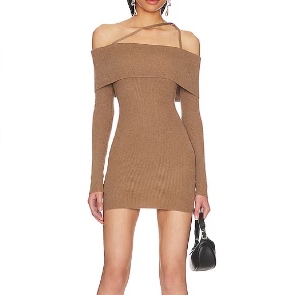 Nbd Off-Shoulder Long Sleeve Dress In Brown